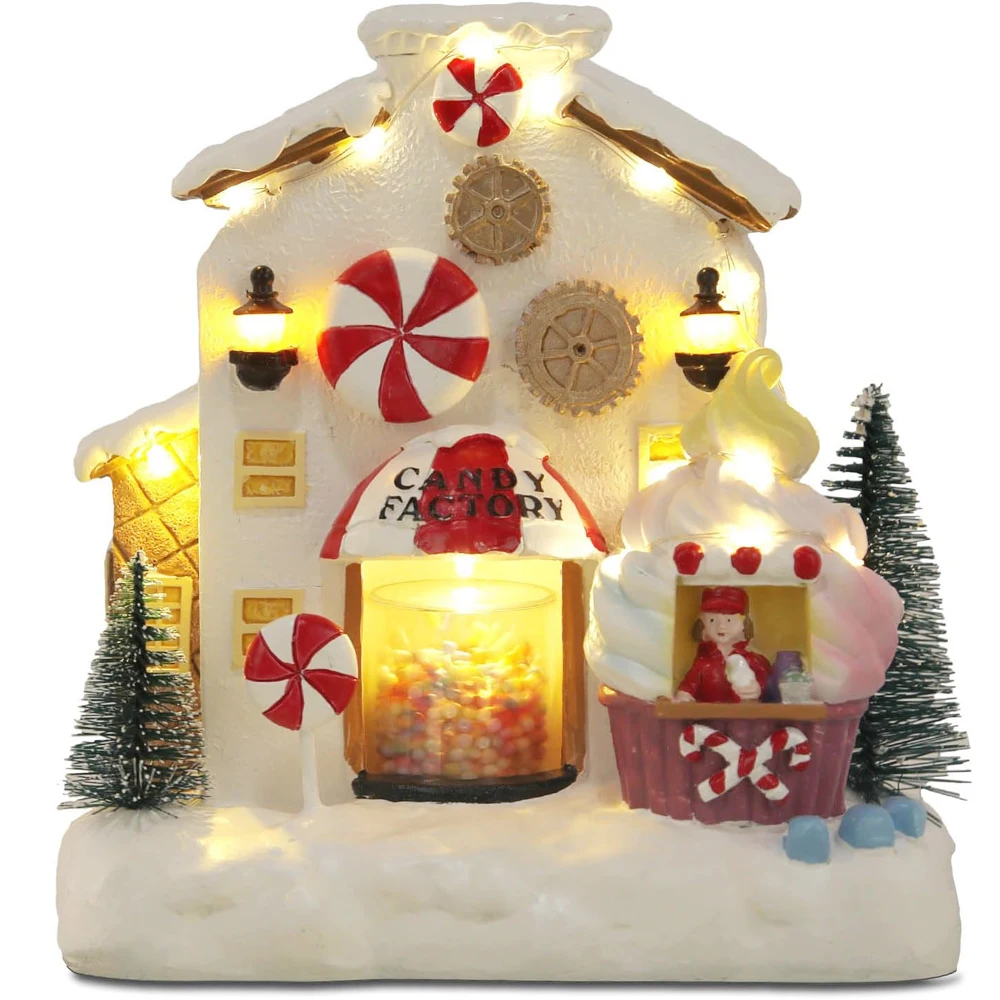 Christmas Animated Gingerbread House Decoration,Collectible Buildings Figurines Candy Factory Ornament for Home Fireplace Desk D