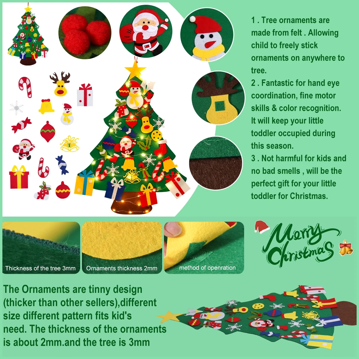 DIY Felt Christmas Tree 2024 Merry Christmas Decorations for Home Navidad Xmas Tree with Light Christmas Ornaments New Year Gift
