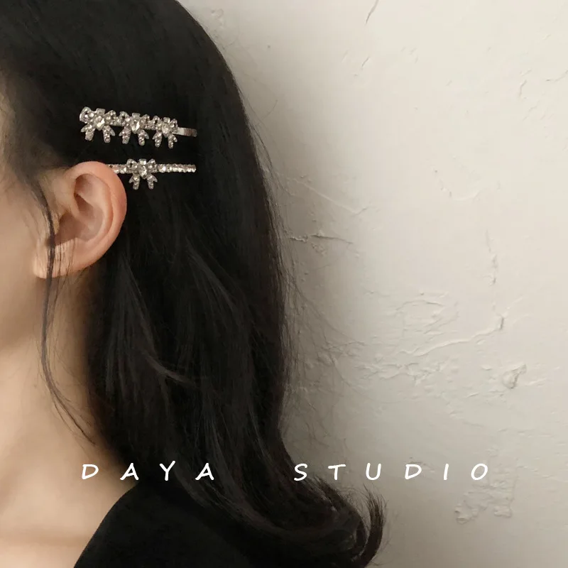 French Girly Bowknot Flash Diamond Hairpin Bangs Clip Super Fairy Temperament High Sense Rhinestone Hairpin Hairclips for Women