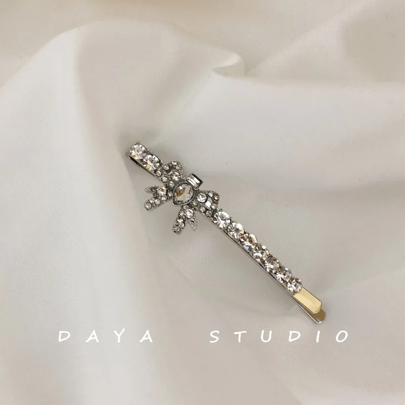 French Girly Bowknot Flash Diamond Hairpin Bangs Clip Super Fairy Temperament High Sense Rhinestone Hairpin Hairclips for Women