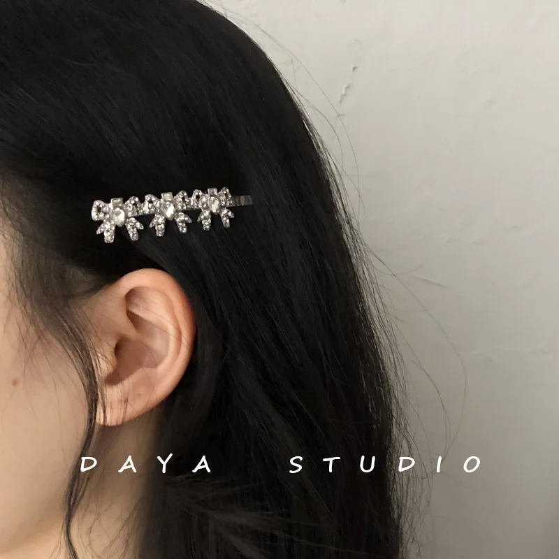 French Girly Bowknot Flash Diamond Hairpin Bangs Clip Super Fairy Temperament High Sense Rhinestone Hairpin Hairclips for Women