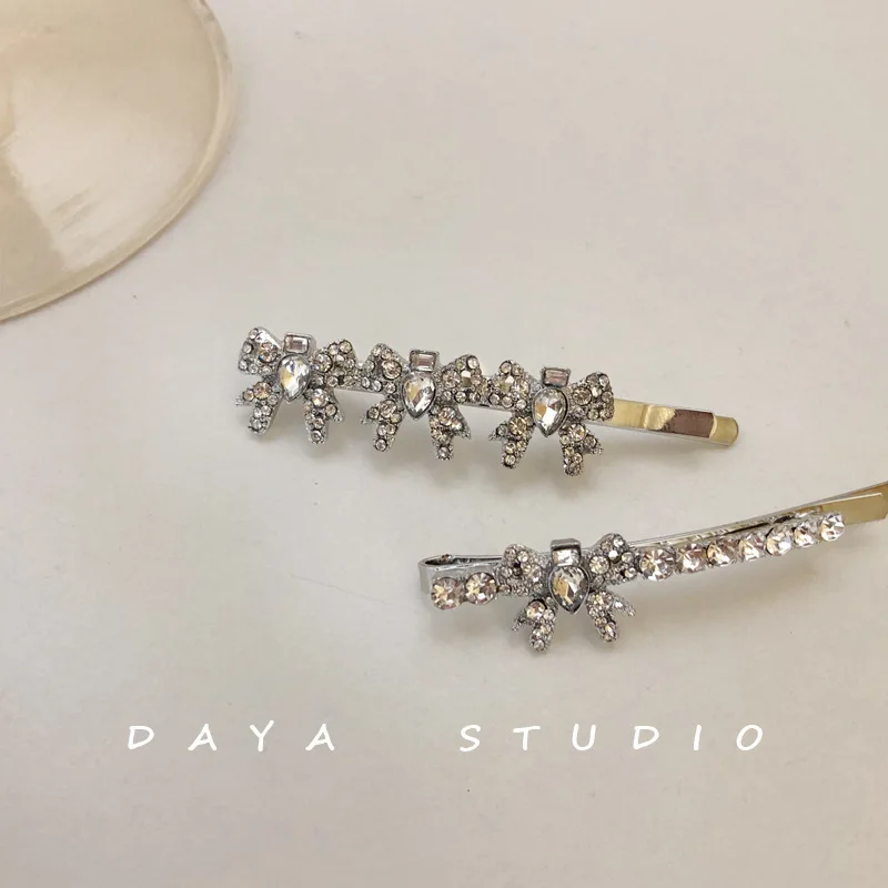 French Girly Bowknot Flash Diamond Hairpin Bangs Clip Super Fairy Temperament High Sense Rhinestone Hairpin Hairclips for Women