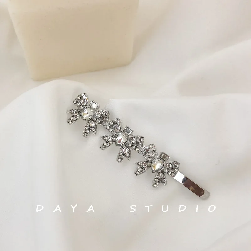 French Girly Bowknot Flash Diamond Hairpin Bangs Clip Super Fairy Temperament High Sense Rhinestone Hairpin Hairclips for Women