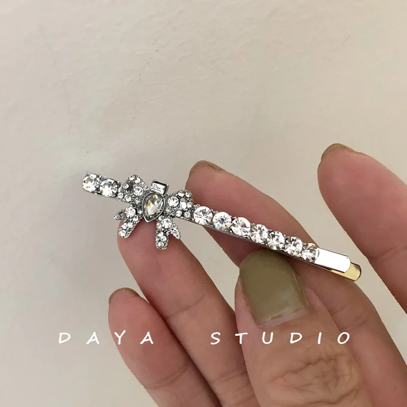 French Girly Bowknot Flash Diamond Hairpin Bangs Clip Super Fairy Temperament High Sense Rhinestone Hairpin Hairclips for Women