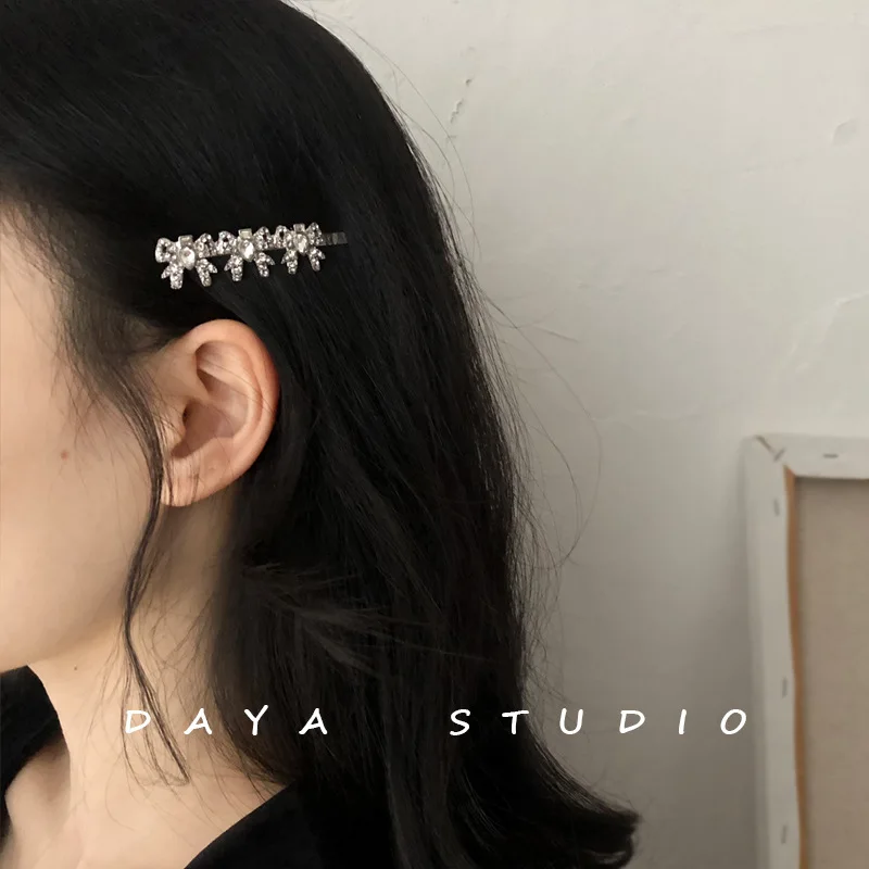French Girly Bowknot Flash Diamond Hairpin Bangs Clip Super Fairy Temperament High Sense Rhinestone Hairpin Hairclips for Women