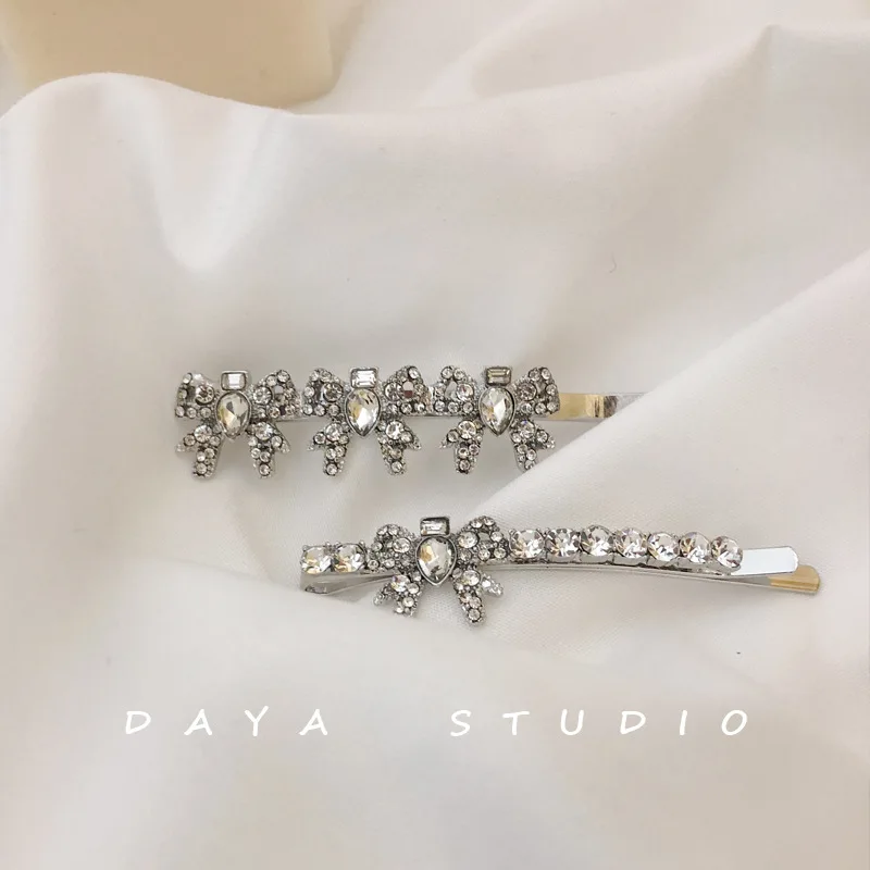 French Girly Bowknot Flash Diamond Hairpin Bangs Clip Super Fairy Temperament High Sense Rhinestone Hairpin Hairclips for Women