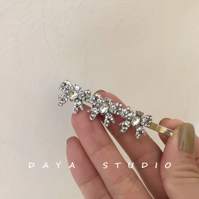 French Girly Bowknot Flash Diamond Hairpin Bangs Clip Super Fairy Temperament High Sense Rhinestone Hairpin Hairclips for Women