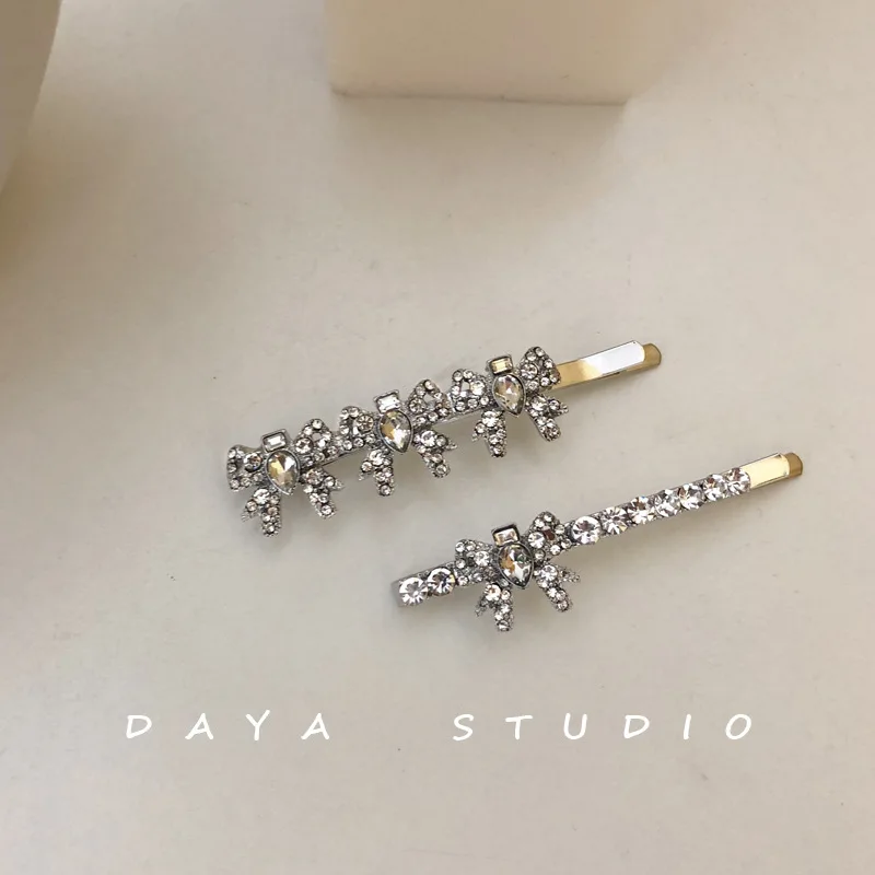French Girly Bowknot Flash Diamond Hairpin Bangs Clip Super Fairy Temperament High Sense Rhinestone Hairpin Hairclips for Women