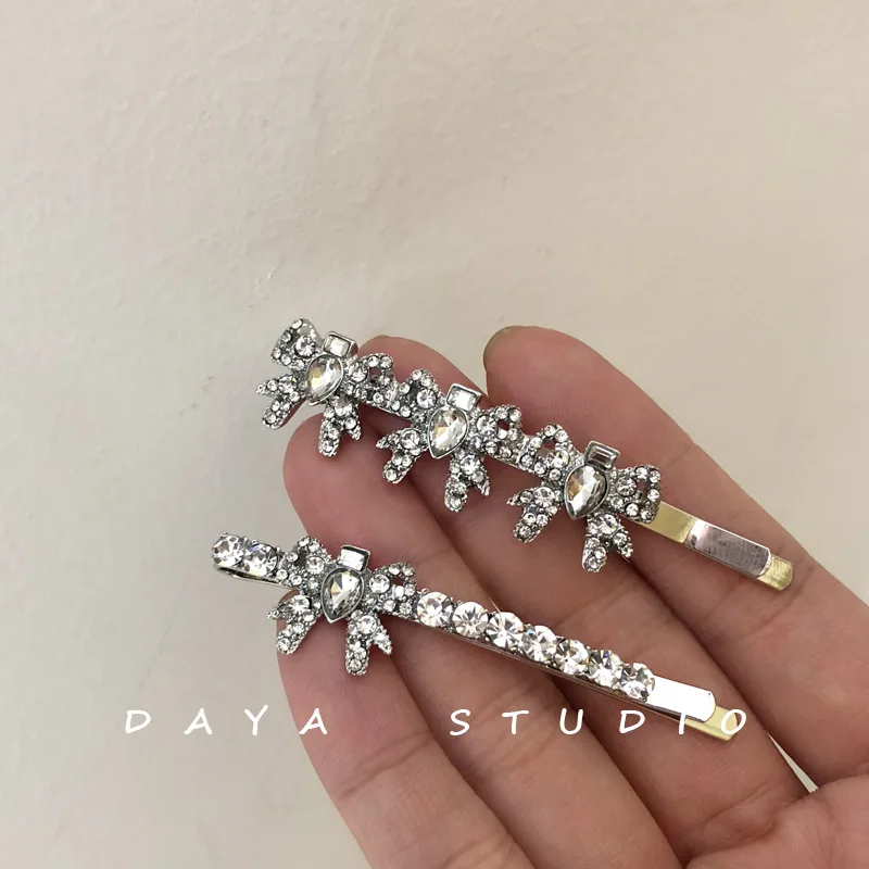 French Girly Bowknot Flash Diamond Hairpin Bangs Clip Super Fairy Temperament High Sense Rhinestone Hairpin Hairclips for Women