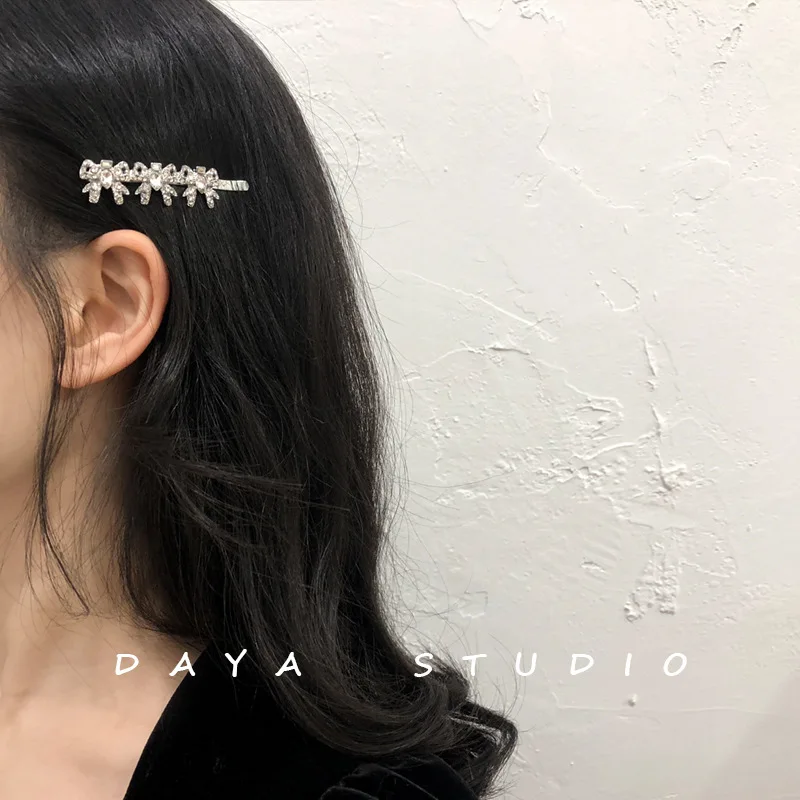 French Girly Bowknot Flash Diamond Hairpin Bangs Clip Super Fairy Temperament High Sense Rhinestone Hairpin Hairclips for Women