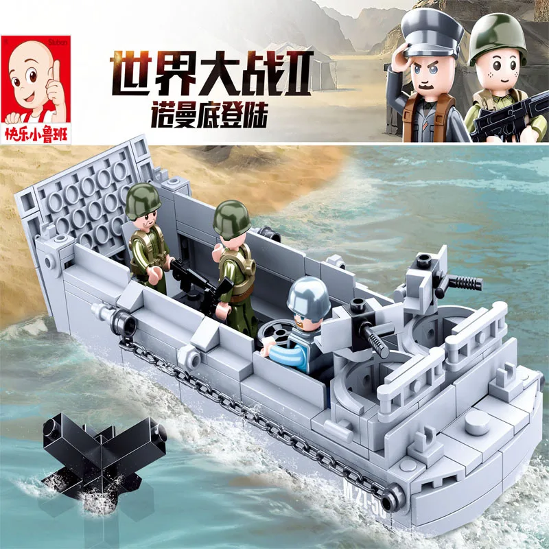 SLUBAN US Military Higgins Landing Craft Warship Building Blocks Navy Weapons Boat Moc Bricks Classic Aircraft Tanks Model Toys