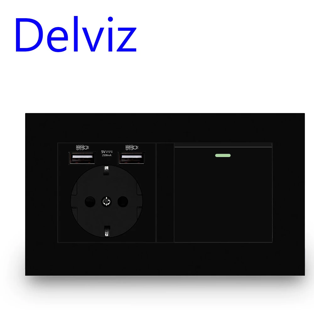 Delviz EU Standard Light Switch, 16A power Outlet, 146mm * 86mm panel, 1 Gang 1Way / 2Way Stair Corridor Switch, Wall USB Socket