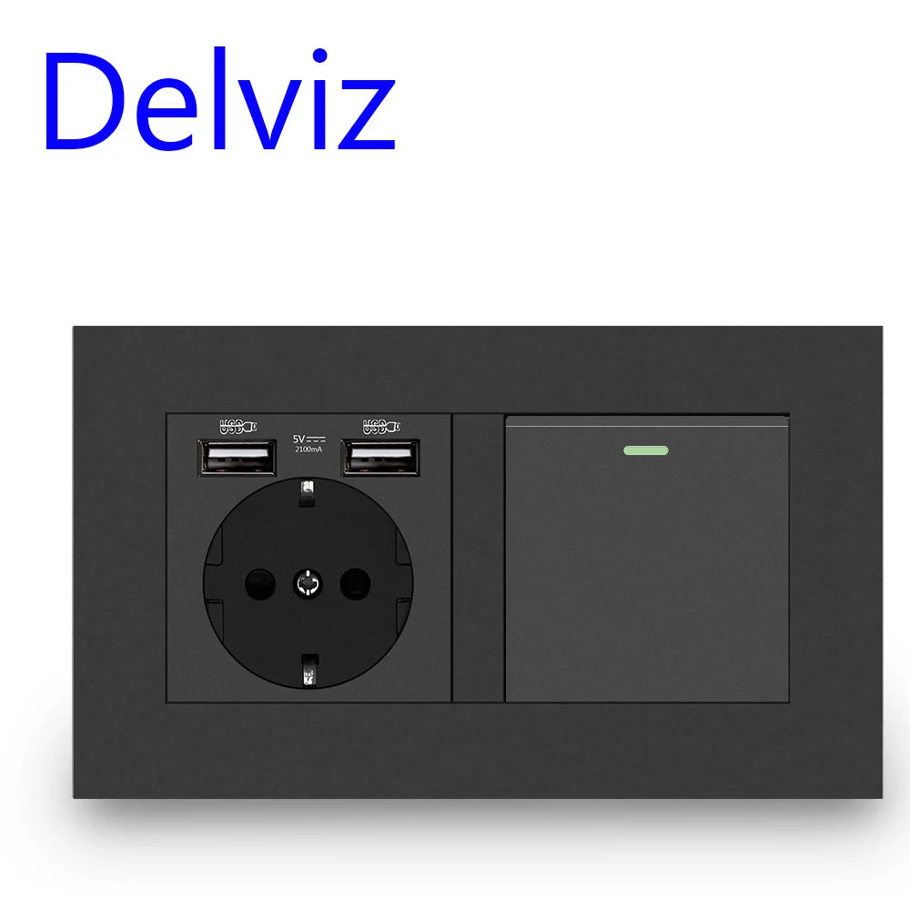 Delviz EU Standard Light Switch, 16A power Outlet, 146mm * 86mm panel, 1 Gang 1Way / 2Way Stair Corridor Switch, Wall USB Socket