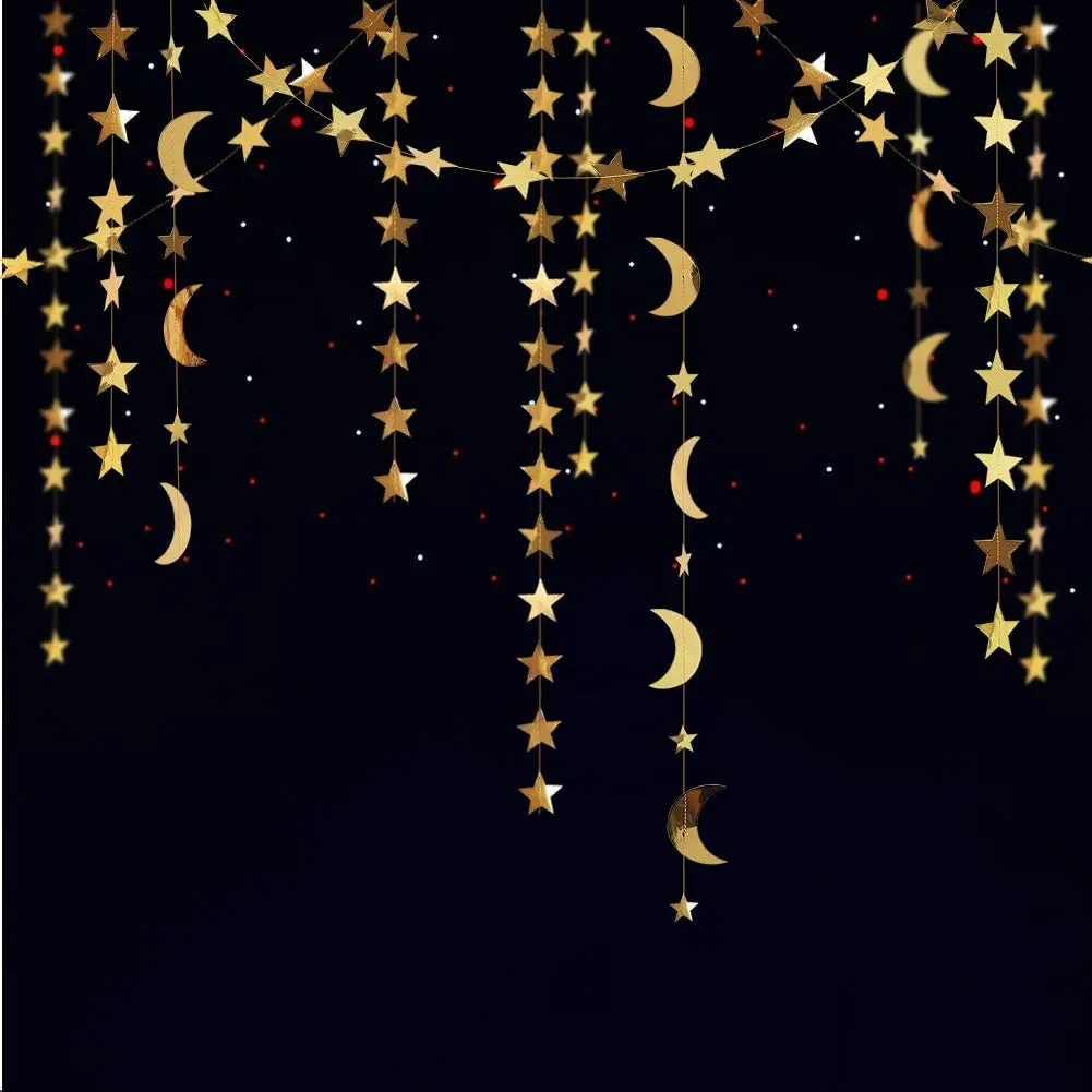 Iridescent Twinkle Little Star Moon Garland Holographic Hanging Streamers Party Decorations Glitter Crescent Garland EID Ramadan