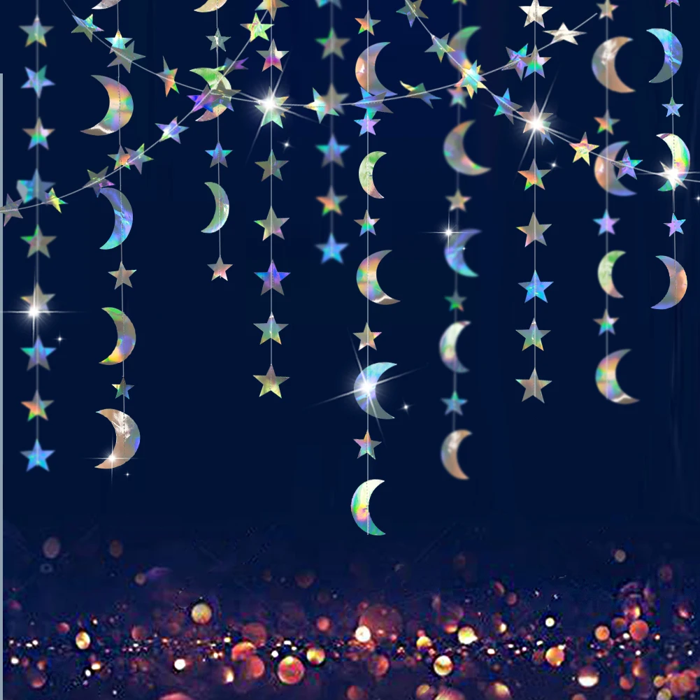 Iridescent Twinkle Little Star Moon Garland Holographic Hanging Streamers Party Decorations Glitter Crescent Garland EID Ramadan