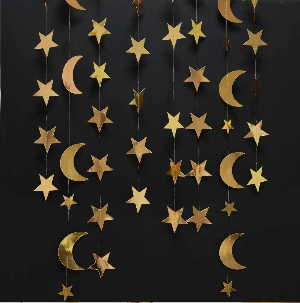 Iridescent Twinkle Little Star Moon Garland Holographic Hanging Streamers Party Decorations Glitter Crescent Garland EID Ramadan