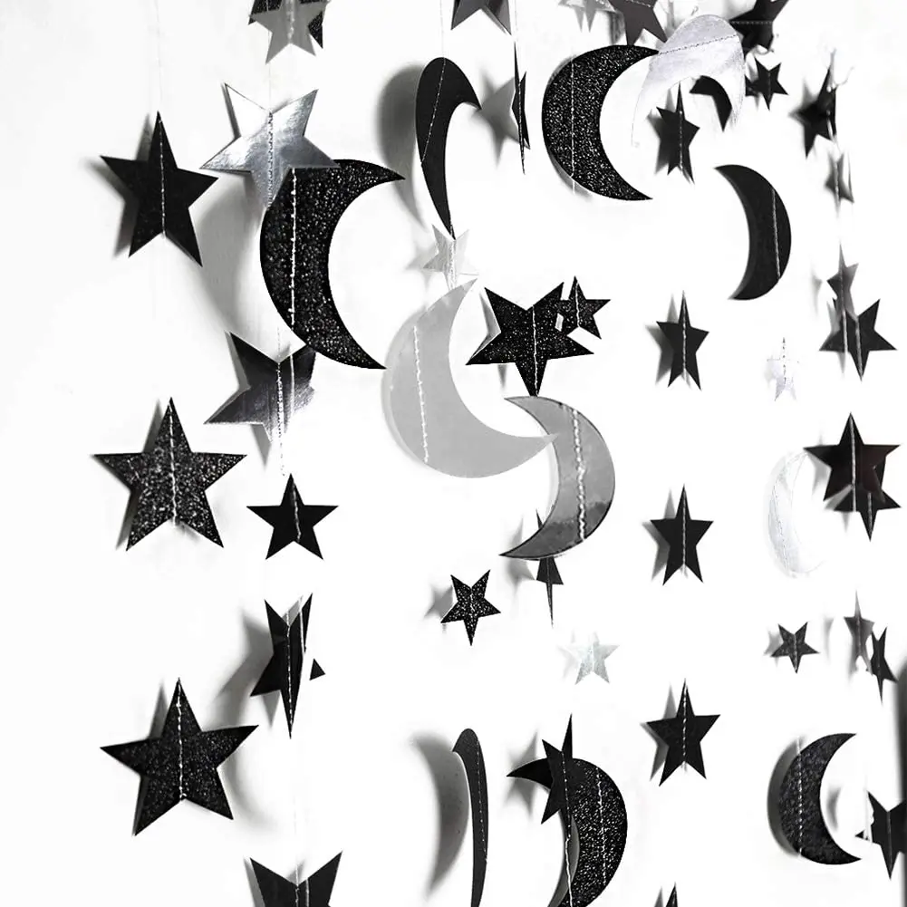 Iridescent Twinkle Little Star Moon Garland Holographic Hanging Streamers Party Decorations Glitter Crescent Garland EID Ramadan