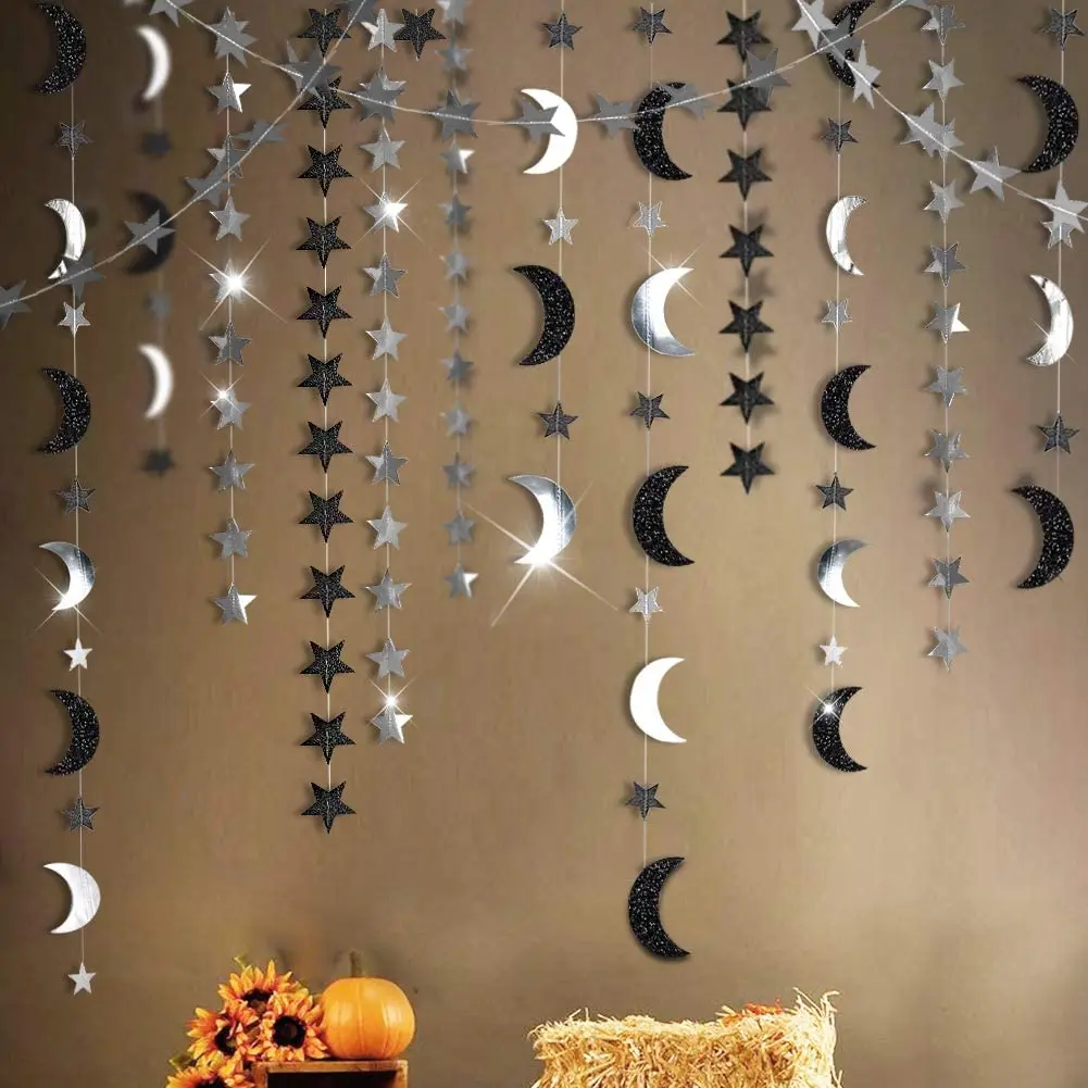 Iridescent Twinkle Little Star Moon Garland Holographic Hanging Streamers Party Decorations Glitter Crescent Garland EID Ramadan