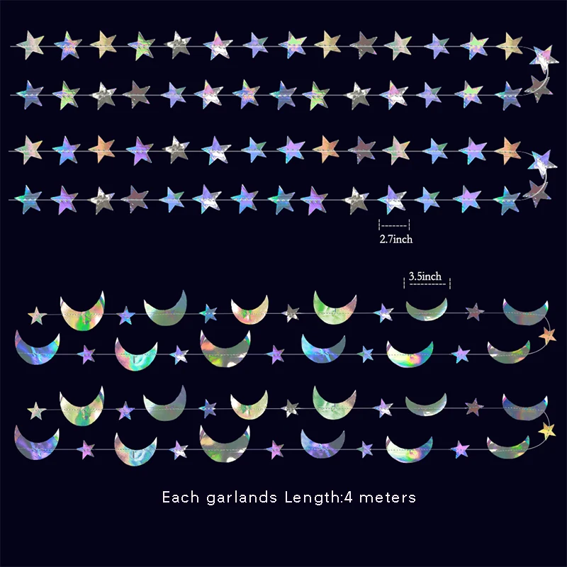 Iridescent Twinkle Little Star Moon Garland Holographic Hanging Streamers Party Decorations Glitter Crescent Garland EID Ramadan