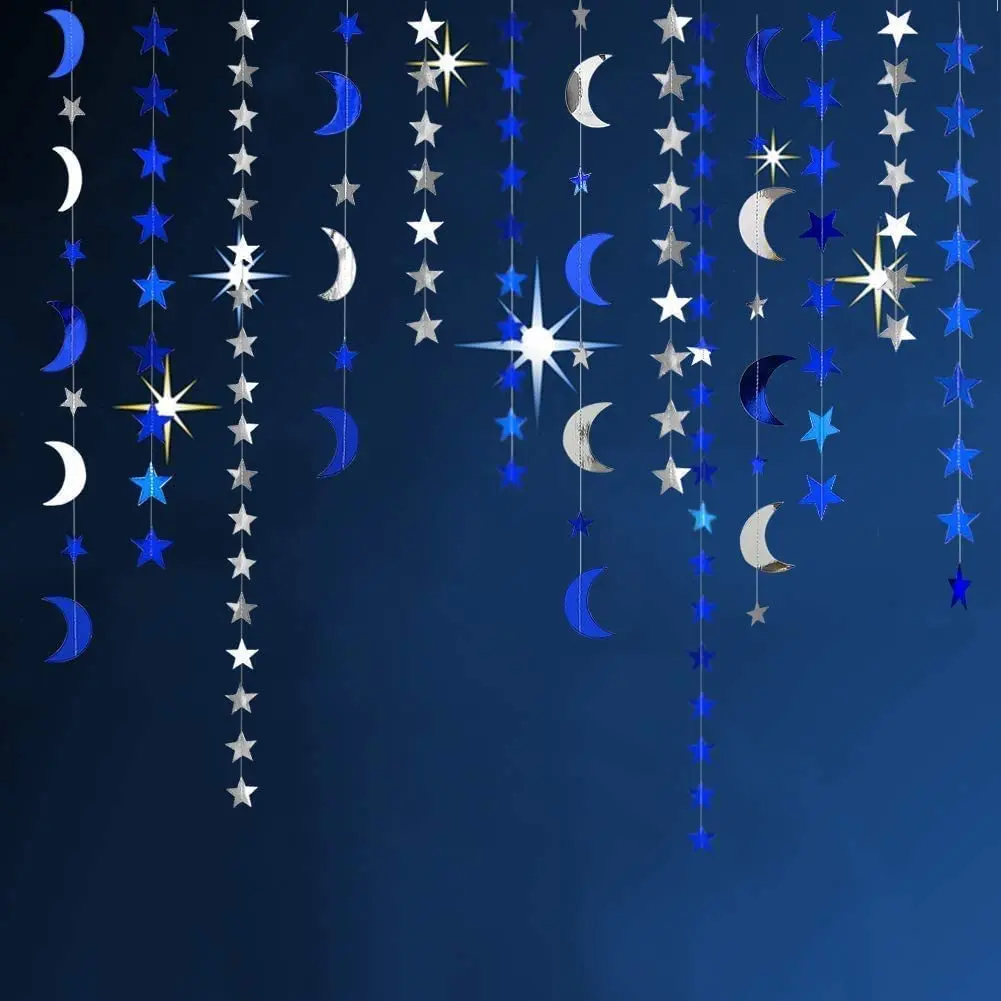 Iridescent Twinkle Little Star Moon Garland Holographic Hanging Streamers Party Decorations Glitter Crescent Garland EID Ramadan