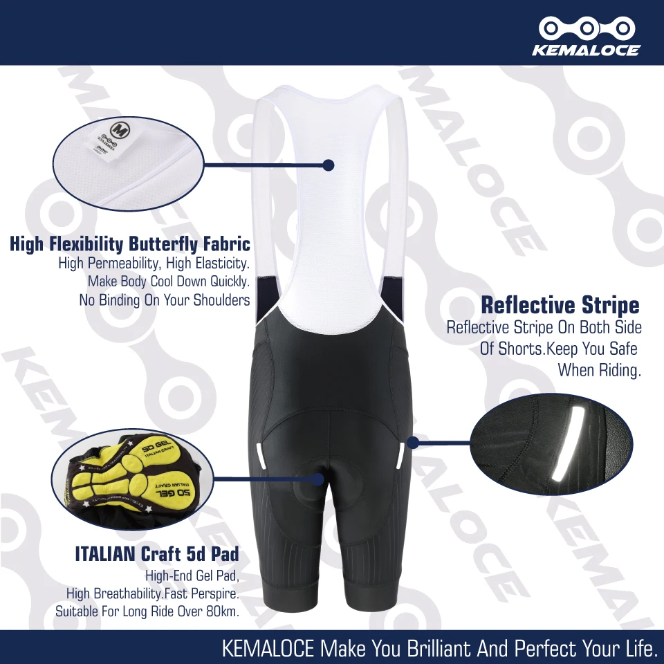 KEMALOCE Black Cycling Bib Shorts Men Shockproof 5D Gel Pad Bike Bib Shorts Reflective Men MTB Lycra Bicycle Tights Knicker
