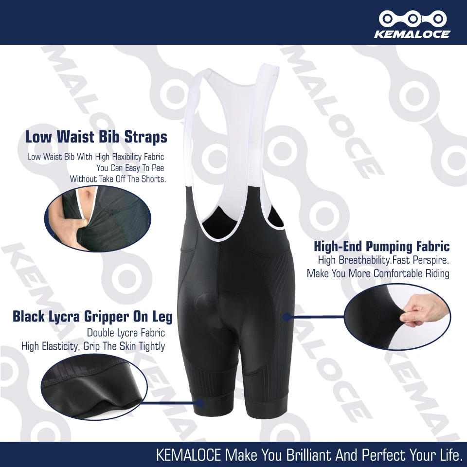 KEMALOCE Black Cycling Bib Shorts Men Shockproof 5D Gel Pad Bike Bib Shorts Reflective Men MTB Lycra Bicycle Tights Knicker