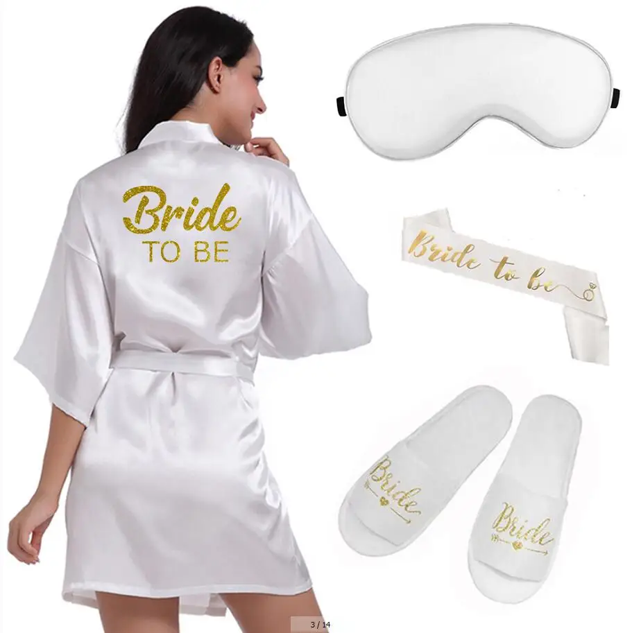 4pc set of glitter gold bride satin short bride robe slippers bridal sash peignoir women Bridal Party 2019 kimono robe