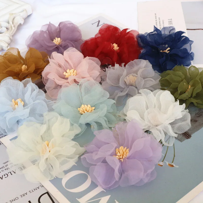 10PCS/Lot 6CM Handmade Chiffon Fabric Flowers Dress Hats Shoes Decoration Hair Accessories