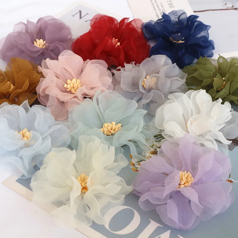 10PCS/Lot 6CM Handmade Chiffon Fabric Flowers Dress Hats Shoes Decoration Hair Accessories