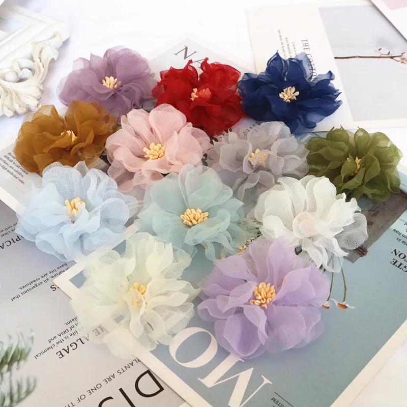 10PCS/Lot 6CM Handmade Chiffon Fabric Flowers Dress Hats Shoes Decoration Hair Accessories