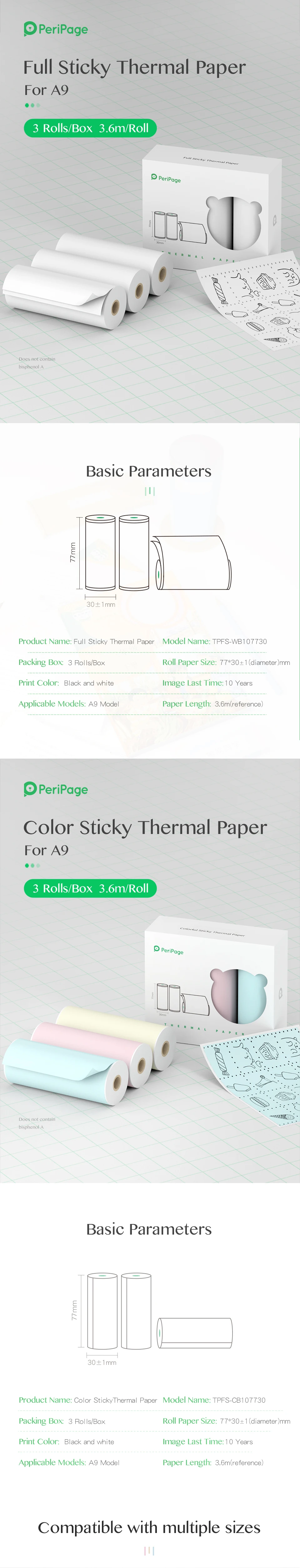 PeriPage 56x30 77x30mm Thermal Paper Label Paper Sticker for Thermal Pocket Mini Wireless Printer A9 Translucent Color Paper
