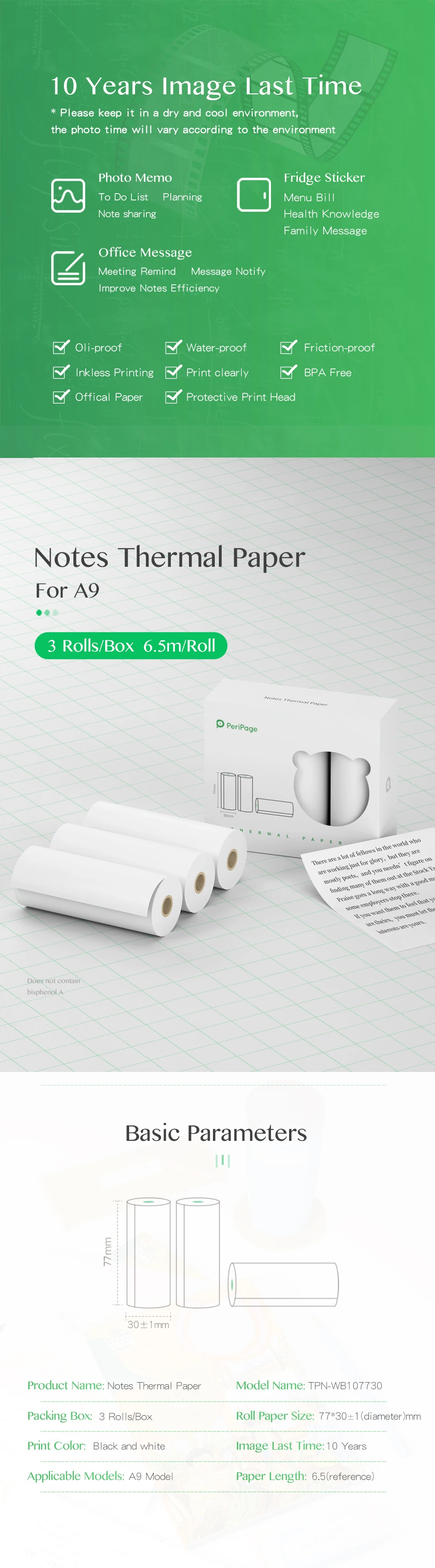 PeriPage 56x30 77x30mm Thermal Paper Label Paper Sticker for Thermal Pocket Mini Wireless Printer A9 Translucent Color Paper