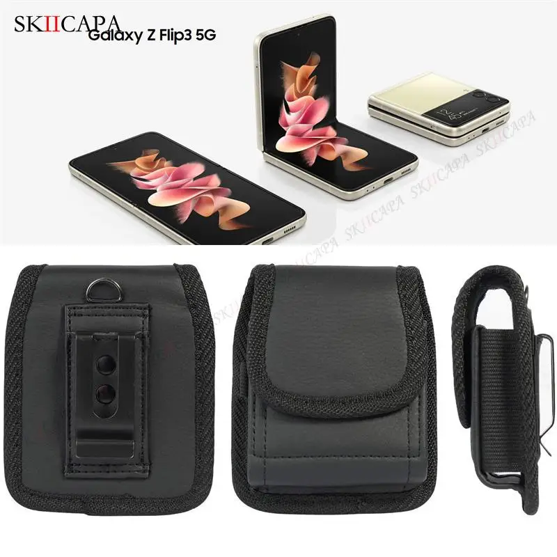 Leather Phone Pouch For Samsung Z Flip 8 7 Belt Clip Holster Oxford Cloth Phone Case For Galaxy Z Flip 4 3 5G SM-F711B Waist Bag