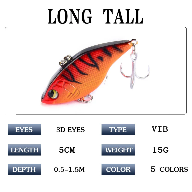 1Pcs Vib Fishing Lure 5cm 15g Sinking VIB Lure Artificial Wobbler Noise Lipless Crankbait for Bass Pike Full Swimming Layer