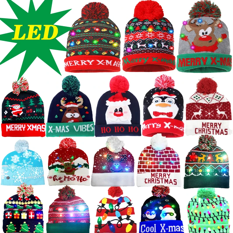 New Style! LED Christmas Hat Beanie Light Up Illuminate Warm Hat 48 Patterns New Year Snowman Sweater Hat Christmas Decorations