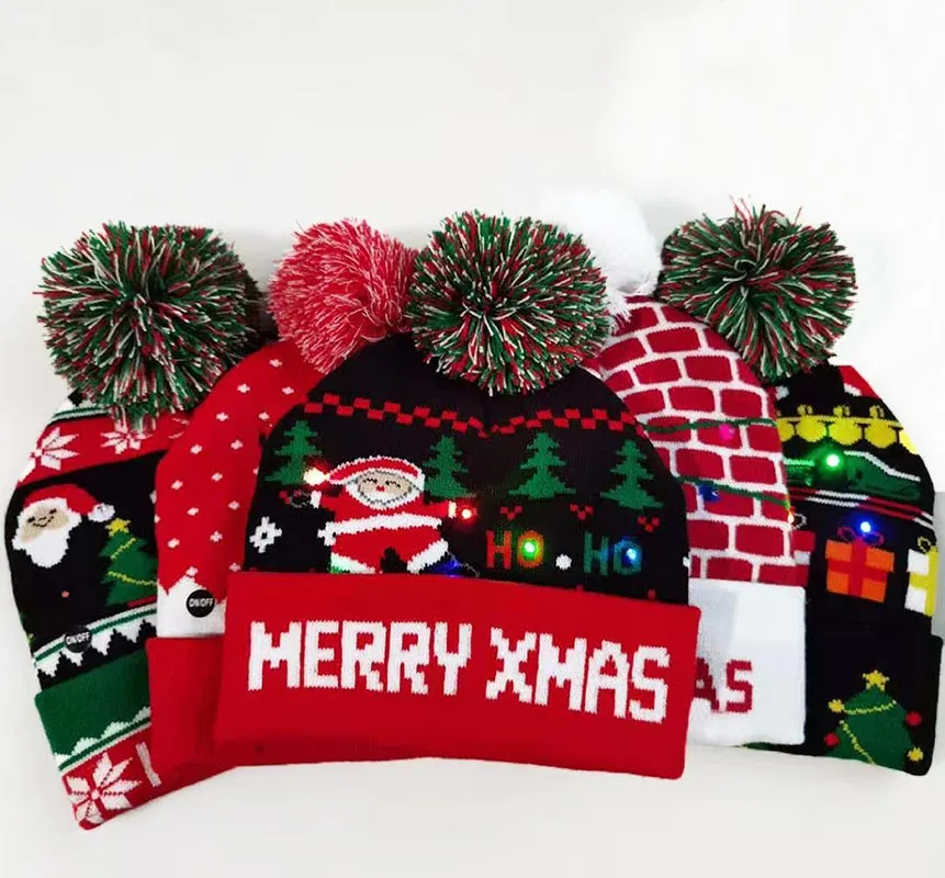 New Style! LED Christmas Hat Beanie Light Up Illuminate Warm Hat 48 Patterns New Year Snowman Sweater Hat Christmas Decorations