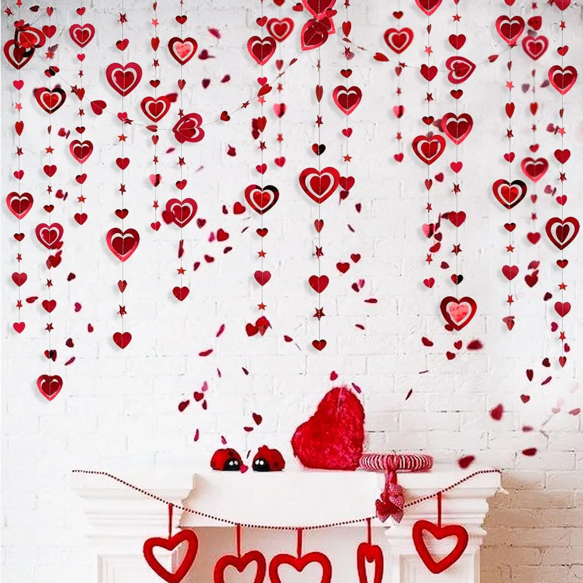 Glitter Red Wedding Decoration Heart Banner Garlands Hanging Streamers for Anniversary Engagement Bridal Shower Birthday Party