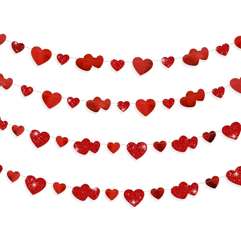 Glitter Red Wedding Decoration Heart Banner Garlands Hanging Streamers for Anniversary Engagement Bridal Shower Birthday Party