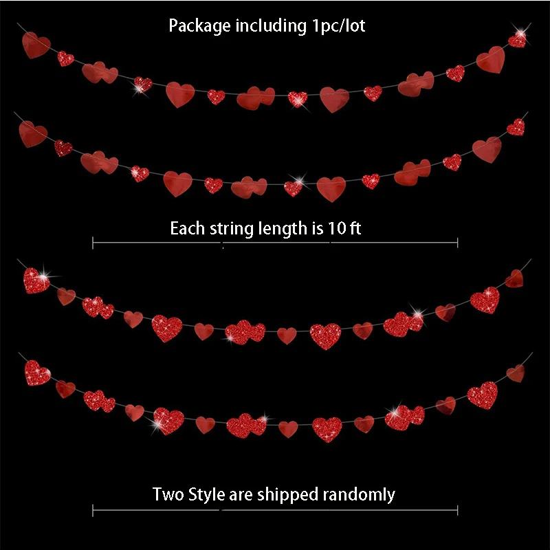 Glitter Red Wedding Decoration Heart Banner Garlands Hanging Streamers for Anniversary Engagement Bridal Shower Birthday Party
