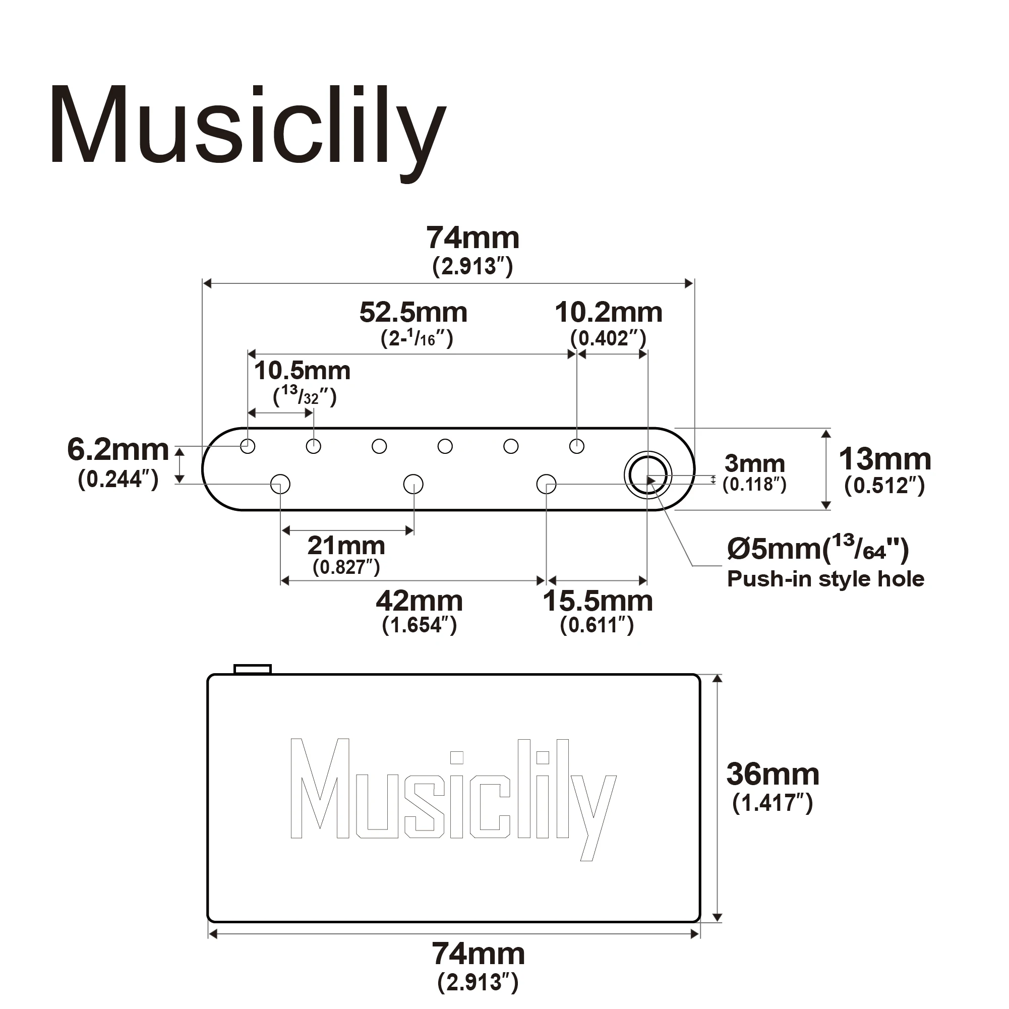 Musiclily Ultra 52.5mm Full Solid Brass/Steel Push-in Style Tremolo Block for ST Style Electric Guitar Wilkinson M Series Bridge