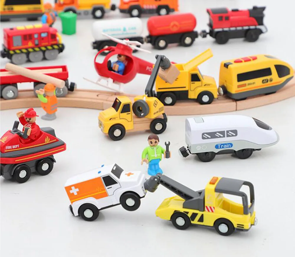 New Fire Truck Magnetic Train Car Ambulance Police Car Fire Truck Helicopter Compatible Brio Wood Track Children's Toys