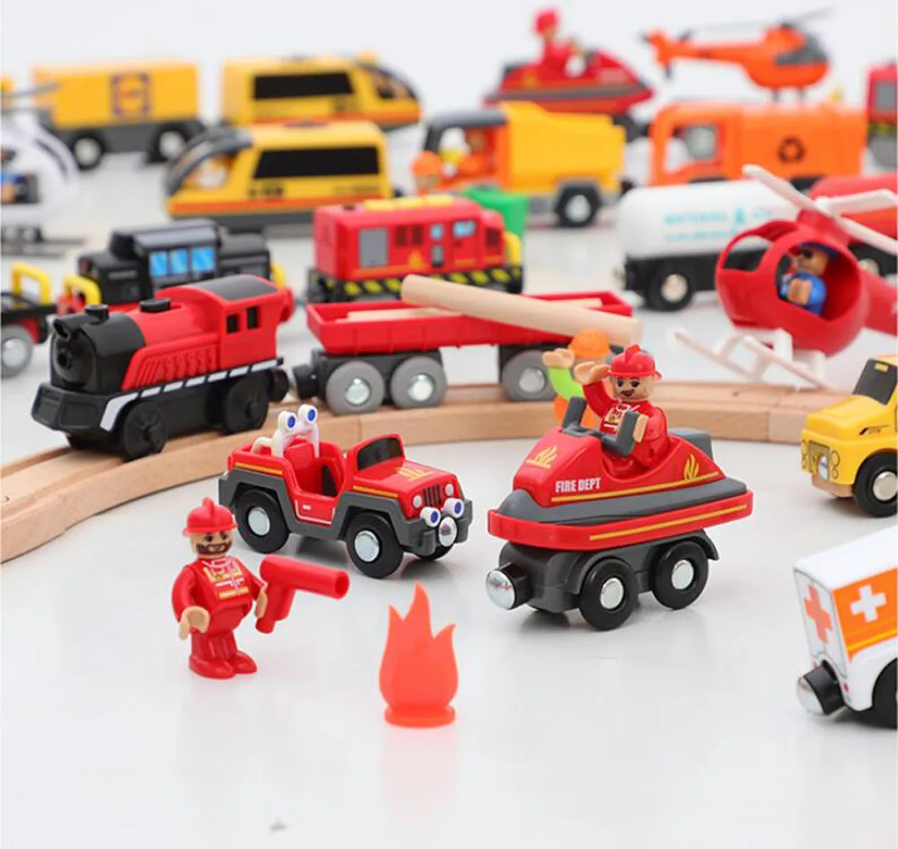 New Fire Truck Magnetic Train Car Ambulance Police Car Fire Truck Helicopter Compatible Brio Wood Track Children's Toys