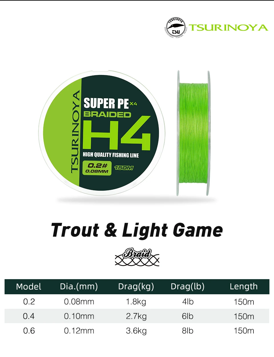TSURINOYA 4 Weaves PE Fishing Line H4 4-8lb 150m Light Game Trout Game Long Casting 4 Strand Braided Smooth Multifilament Line