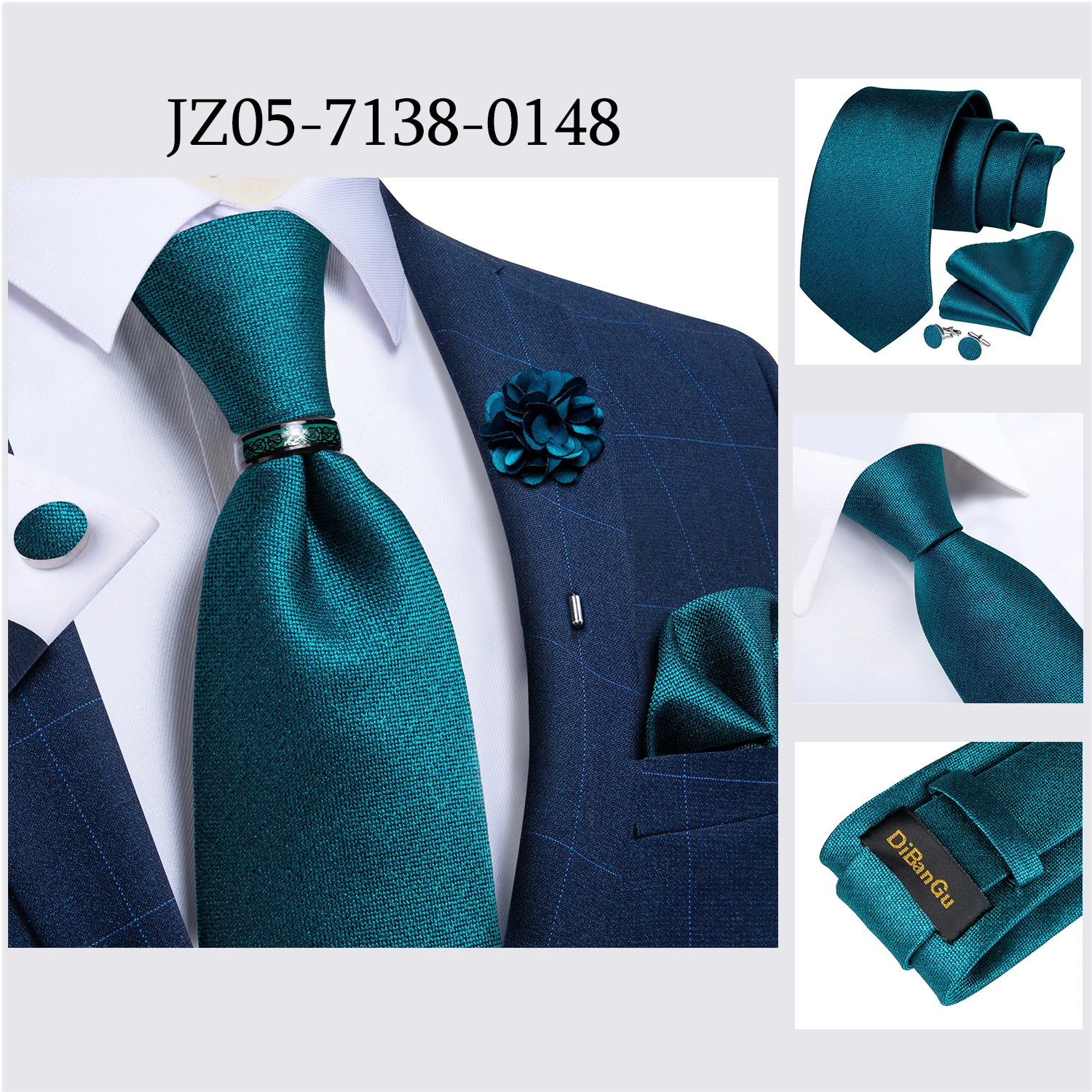 Handmade Paisley Floral Royal Blue Men's Neck Tie Classic 8cm Width Woven Jacquard Tie With Pocket Square Cufflinks Brooch