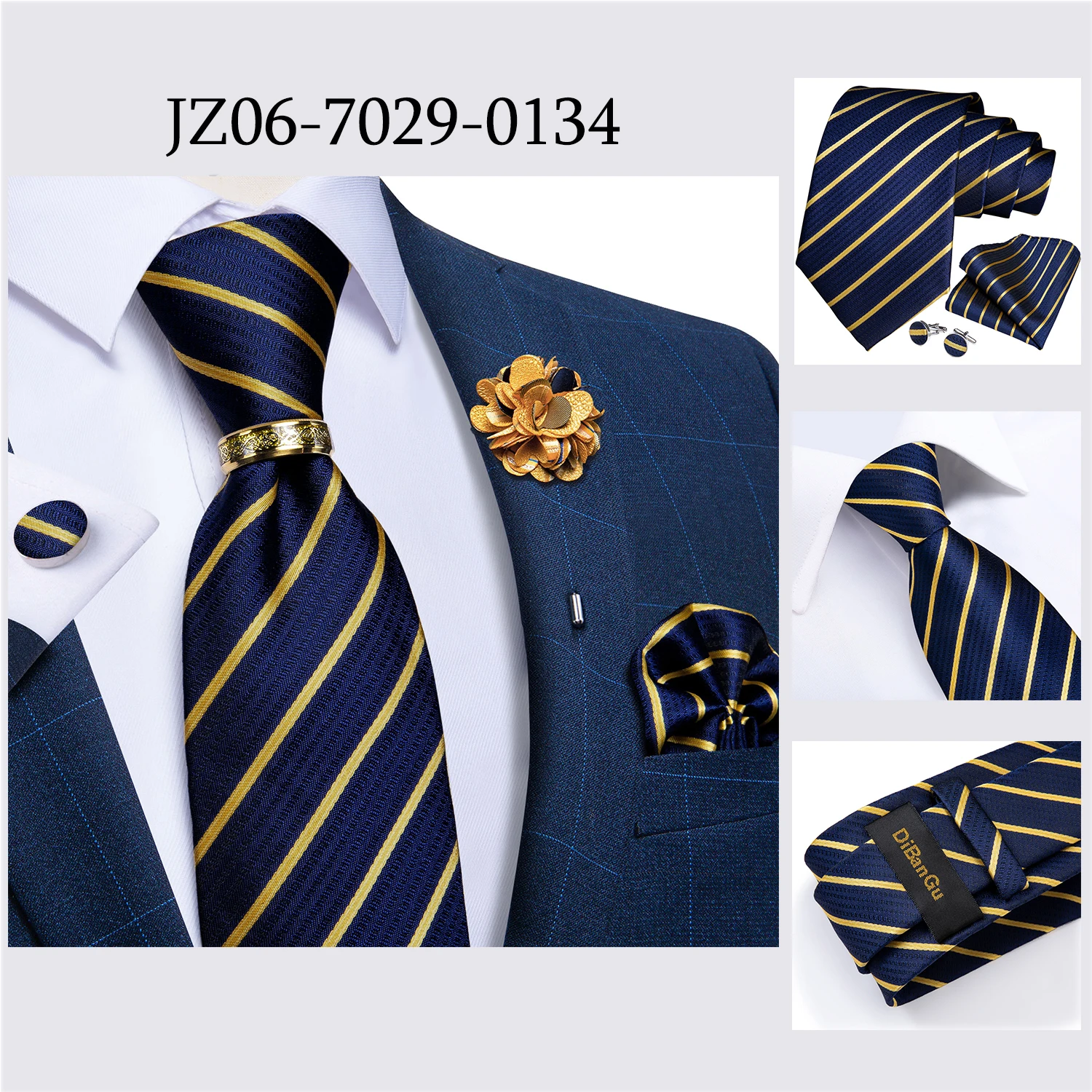 Handmade Paisley Floral Royal Blue Men's Neck Tie Classic 8cm Width Woven Jacquard Tie With Pocket Square Cufflinks Brooch