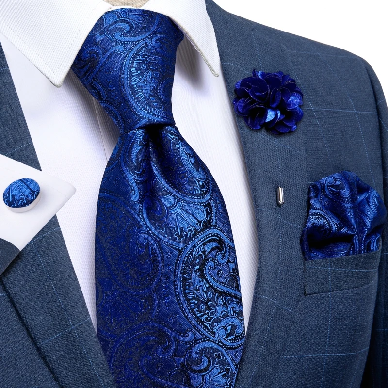Handmade Paisley Floral Royal Blue Men's Neck Tie Classic 8cm Width Woven Jacquard Tie With Pocket Square Cufflinks Brooch