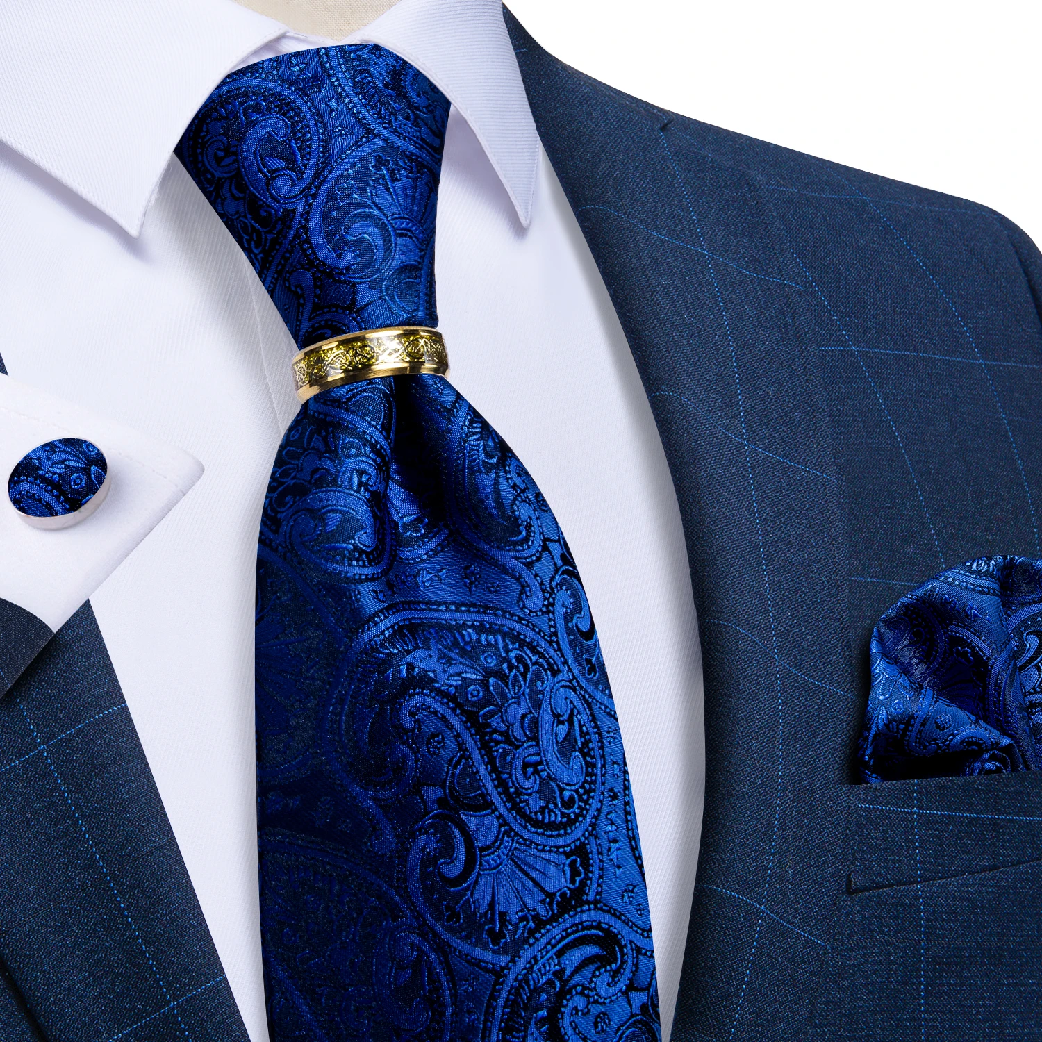 Handmade Paisley Floral Royal Blue Men's Neck Tie Classic 8cm Width Woven Jacquard Tie With Pocket Square Cufflinks Brooch