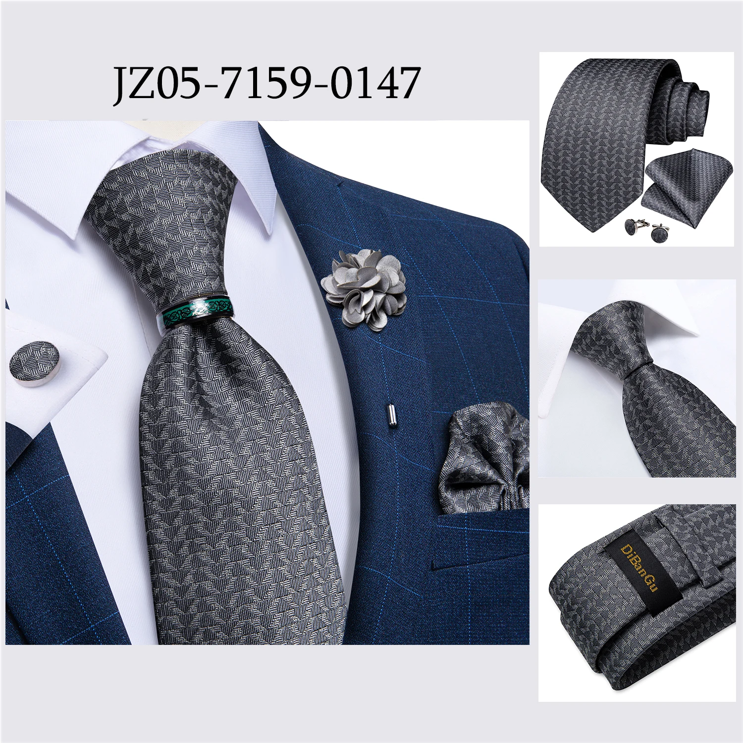 Handmade Paisley Floral Royal Blue Men's Neck Tie Classic 8cm Width Woven Jacquard Tie With Pocket Square Cufflinks Brooch