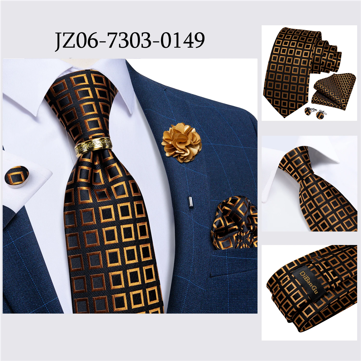 Handmade Paisley Floral Royal Blue Men's Neck Tie Classic 8cm Width Woven Jacquard Tie With Pocket Square Cufflinks Brooch