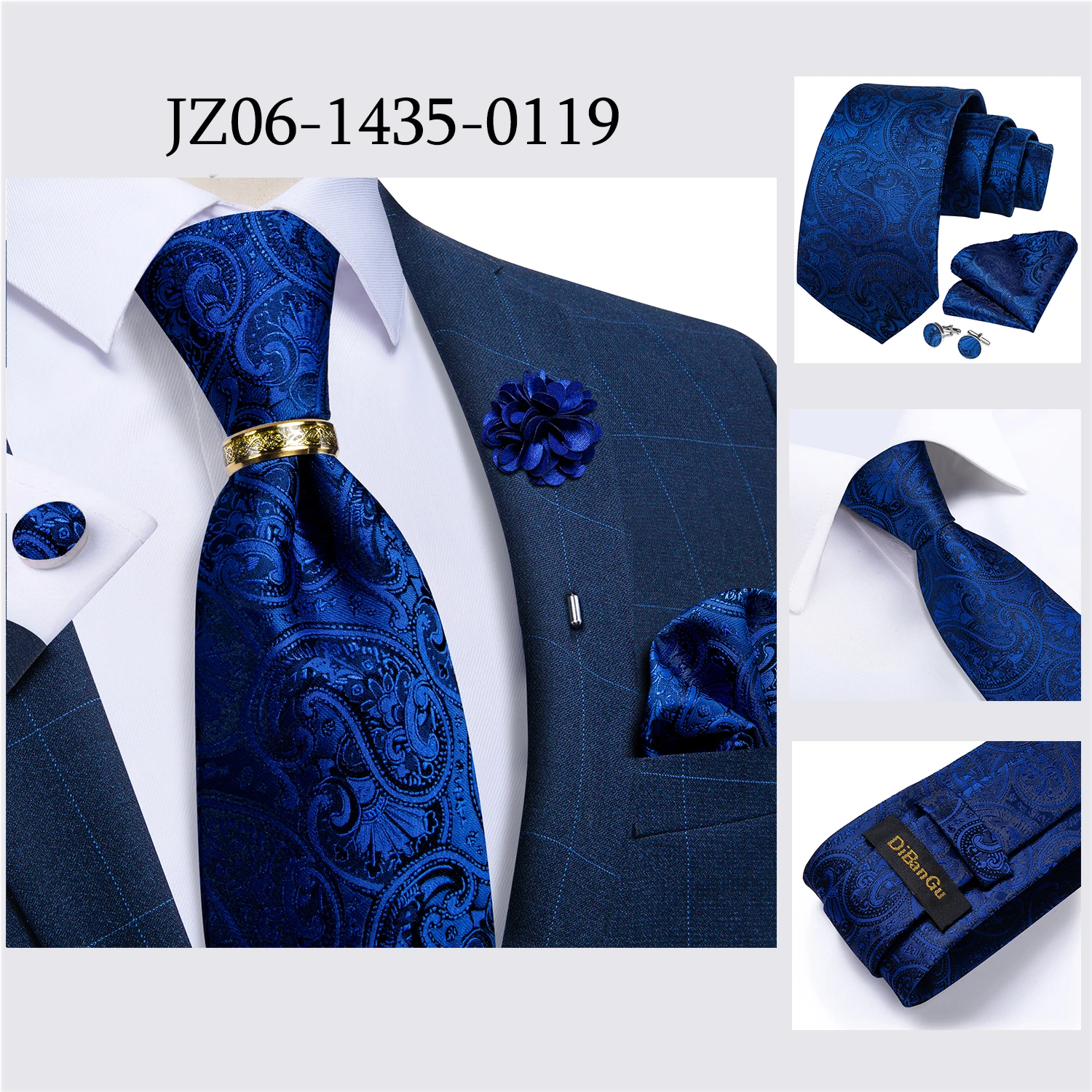 Handmade Paisley Floral Royal Blue Men's Neck Tie Classic 8cm Width Woven Jacquard Tie With Pocket Square Cufflinks Brooch